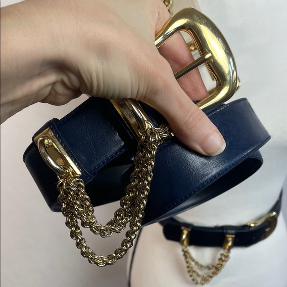 Blue leather vintage chain gold belt Vintage leather